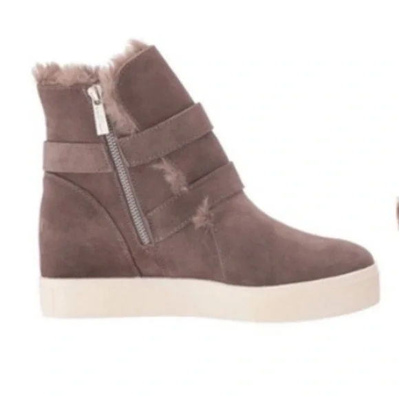 NWT J/SLIDES WELLS Taupe Suede Hidden Wedge Faux Fur Platform - Picture 2 of 16